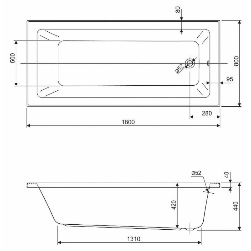 Акриловая ванна Cezares Plane Solo Mini-180-80-42-W37 180 x 80 x 42 см