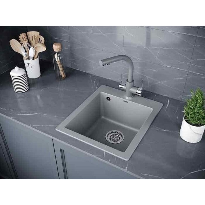Мойка кухонная Paulmark Kante PM104249-GRM, 41.5 см, кварцевая, серый металлик