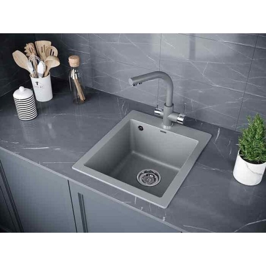Мойка кухонная Paulmark Kante PM104249-GRM, 41.5 см, кварцевая, серый металлик