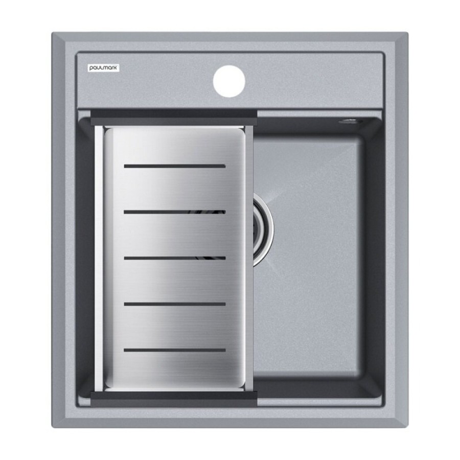 Мойка кухонная Paulmark Stepia PM114651-GRM+A375-BS, 45 см, искусственный камень, с коландером Advance, серый металлик/брашированная нержавеющая сталь