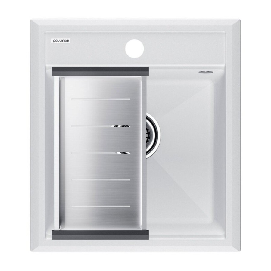 Мойка кухонная Paulmark Stepia PM114651-WH+A375-BS, 45 см, искусственный камень, с коландером Advance, белый/брашированная нержавеющая сталь