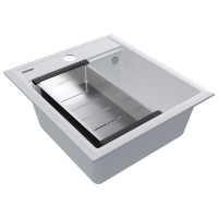 Мойка кухонная Paulmark Stepia PM114651-WH+A375-BS, 45 см, искусственный камень, с коландером Advance, белый/брашированная нержавеющая сталь