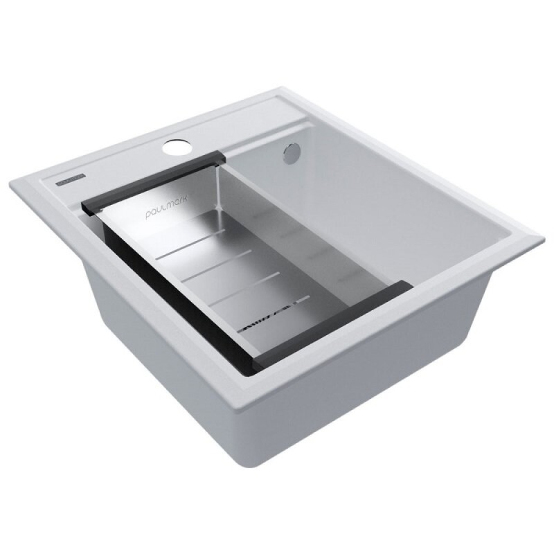 Мойка кухонная Paulmark Stepia PM114651-WH+A375-BS, 45 см, искусственный камень, с коландером Advance, белый/брашированная нержавеющая сталь