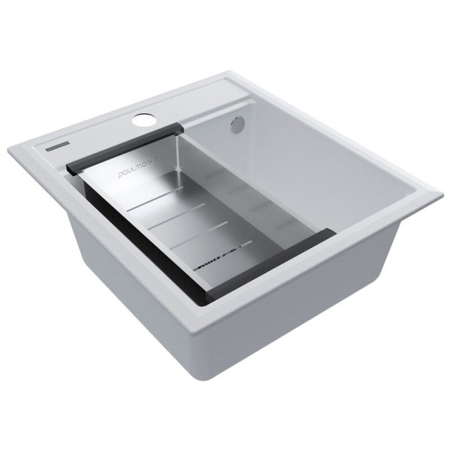 Мойка кухонная Paulmark Stepia PM114651-WH+A375-BS, 45 см, искусственный камень, с коландером Advance, белый/брашированная нержавеющая сталь
