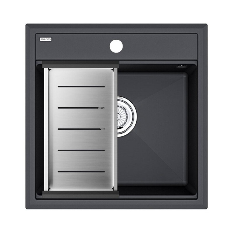 Мойка кухонная Paulmark Stepia PM115051-AN+A375-BS, 50 см, искусственный камень, с коландером Advance, антрацит/брашированная нержавеющая сталь