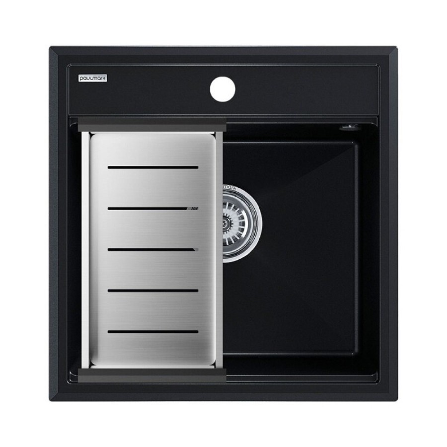 Мойка кухонная Paulmark Stepia PM115051-BLM+A375-BS, 50 см, искусственный камень, с коландером Advance, черный металлик/брашированная нержавеющая сталь
