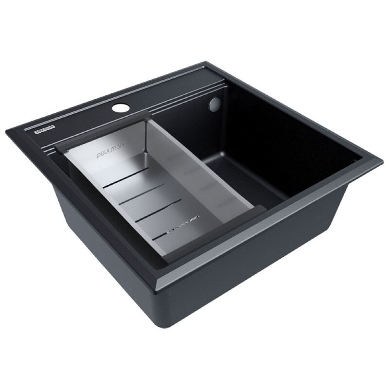 Мойка кухонная Paulmark Stepia PM115051-BLM+A375-BS, 50 см, искусственный камень, с коландером Advance, черный металлик/брашированная нержавеющая сталь