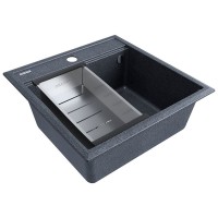 Мойка кухонная Paulmark Stepia PM115051-DG+A375-BS, 50 см, искусственный камень, с коландером Advance, графит/брашированная нержавеющая сталь