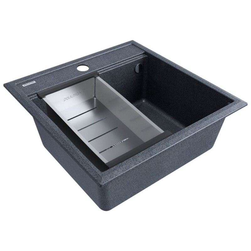 Мойка кухонная Paulmark Stepia PM115051-DG+A375-BS, 50 см, искусственный камень, с коландером Advance, графит/брашированная нержавеющая сталь