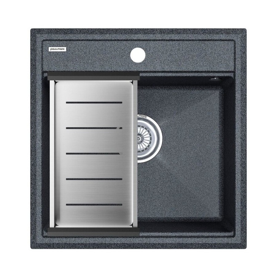 Мойка кухонная Paulmark Stepia PM115051-DG+A375-BS, 50 см, искусственный камень, с коландером Advance, графит/брашированная нержавеющая сталь