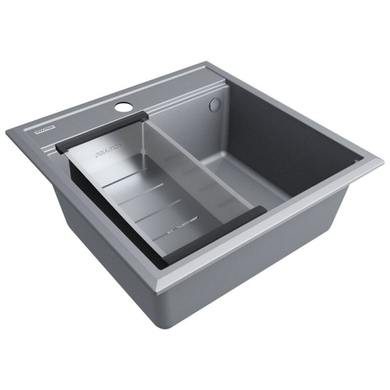 Мойка кухонная Paulmark Stepia PM115051-GRM+A375-BS, 50 см, искусственный камень, с коландером Advance, серый металлик/брашированная нержавеющая сталь