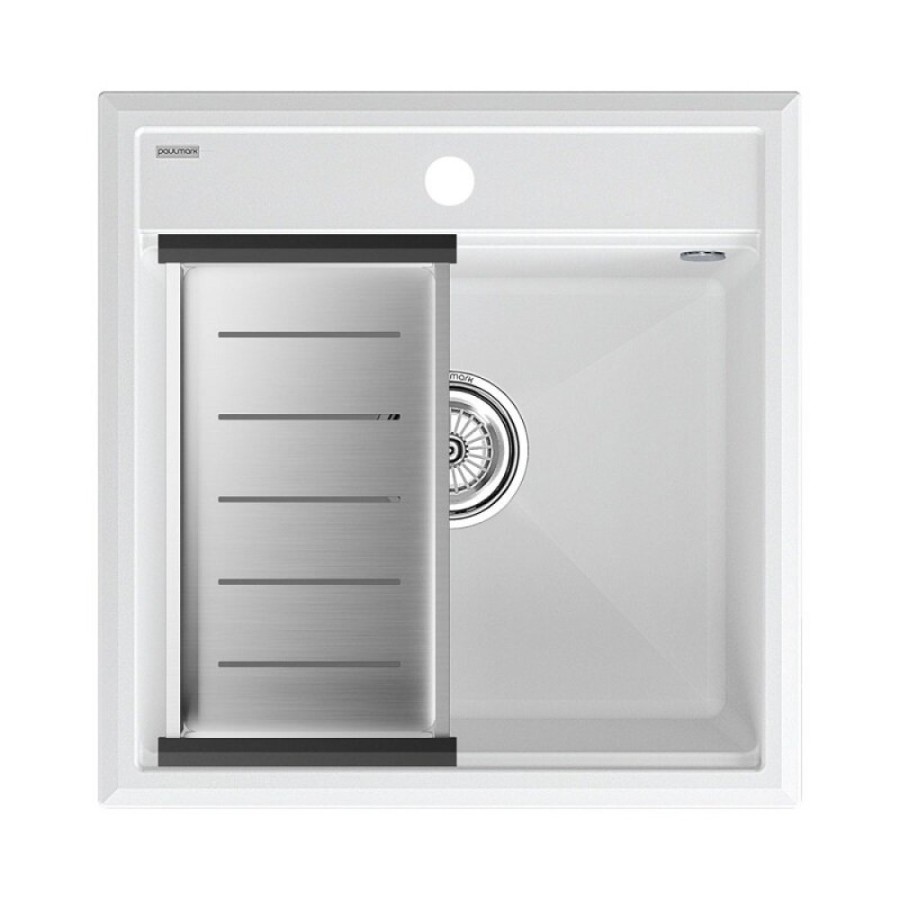 Мойка кухонная Paulmark Stepia PM115051-WH+A375-BS, 50 см, искусственный камень, с коландером Advance, белый/брашированная нержавеющая сталь