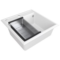 Мойка кухонная Paulmark Stepia PM115051-WH+A375-BS, 50 см, искусственный камень, с коландером Advance, белый/брашированная нержавеющая сталь