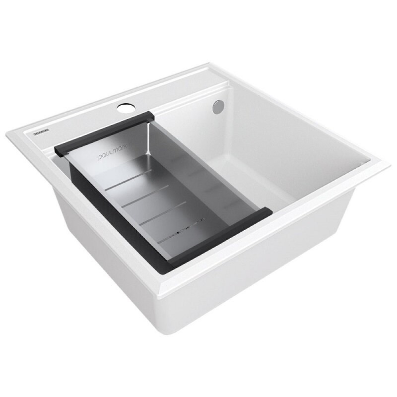 Мойка кухонная Paulmark Stepia PM115051-WH+A375-BS, 50 см, искусственный камень, с коландером Advance, белый/брашированная нержавеющая сталь