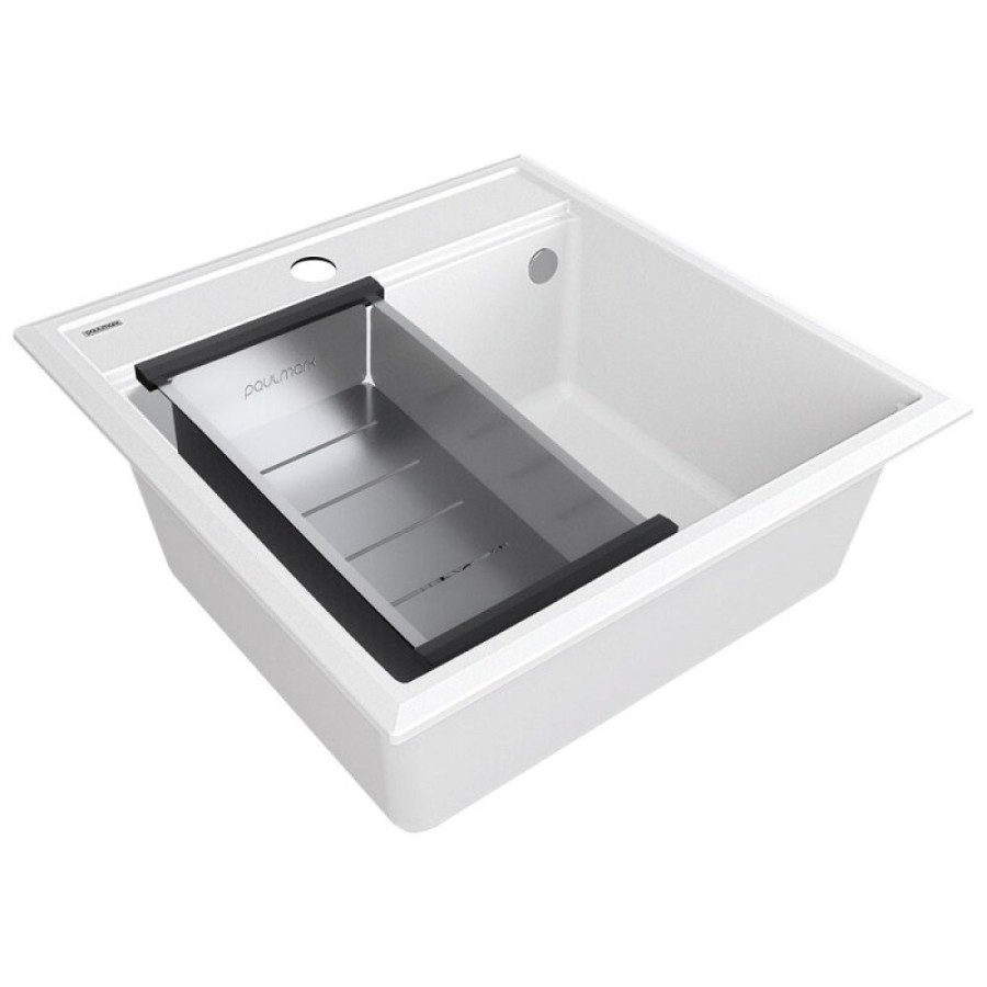 Мойка кухонная Paulmark Stepia PM115051-WH+A375-BS, 50 см, искусственный камень, с коландером Advance, белый/брашированная нержавеющая сталь
