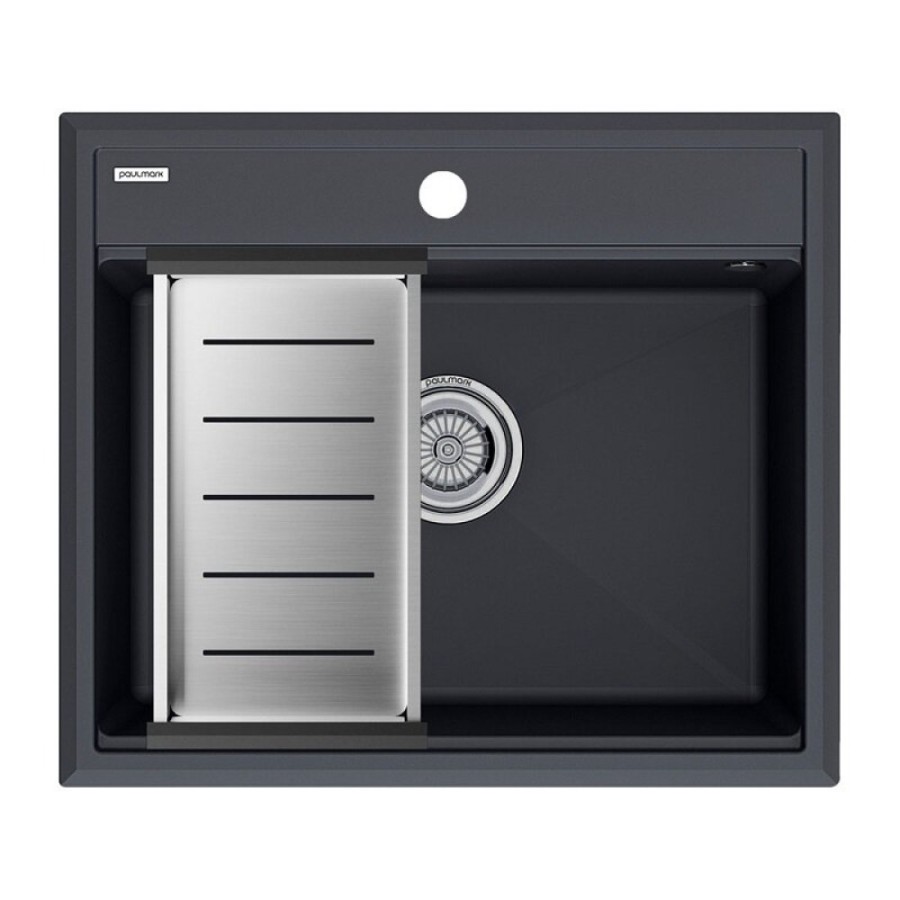 Мойка кухонная Paulmark Stepia PM115951-AN+A375-BS, 60 см, искусственный камень, с коландером Advance, антрацит/брашированная нержавеющая сталь