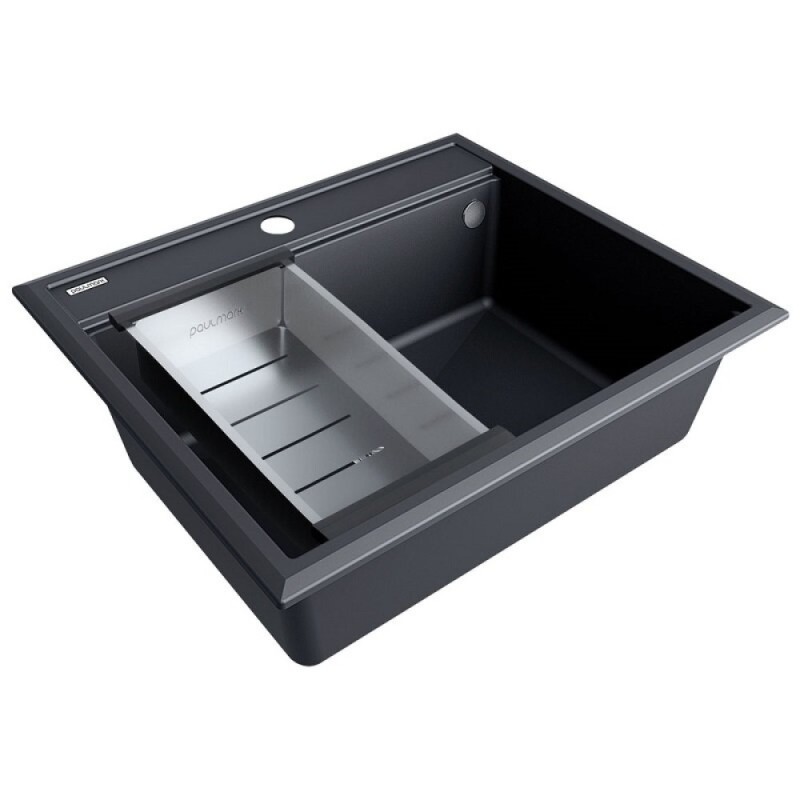 Мойка кухонная Paulmark Stepia PM115951-AN+A375-BS, 60 см, искусственный камень, с коландером Advance, антрацит/брашированная нержавеющая сталь