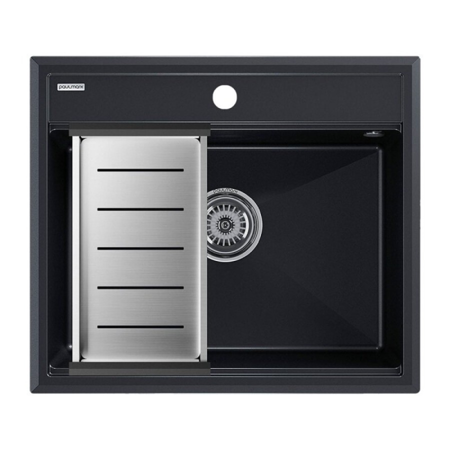 Мойка кухонная Paulmark Stepia PM115951-BLM+A375-BS, 60 см, искусственный камень, с коландером Advance, черный металлик/брашированная нержавеющая сталь