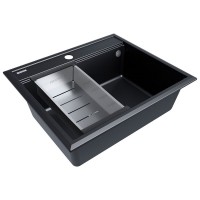 Мойка кухонная Paulmark Stepia PM115951-BLM+A375-BS, 60 см, искусственный камень, с коландером Advance, черный металлик/брашированная нержавеющая сталь