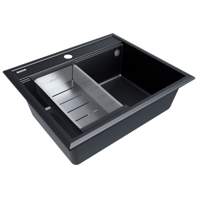Мойка кухонная Paulmark Stepia PM115951-BLM+A375-BS, 60 см, искусственный камень, с коландером Advance, черный металлик/брашированная нержавеющая сталь