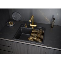 Мойка кухонная Paulmark Stepia 60 PM115951-BLM+R375-BS, искусственный камень, с ролл-матом Step, черный металлик