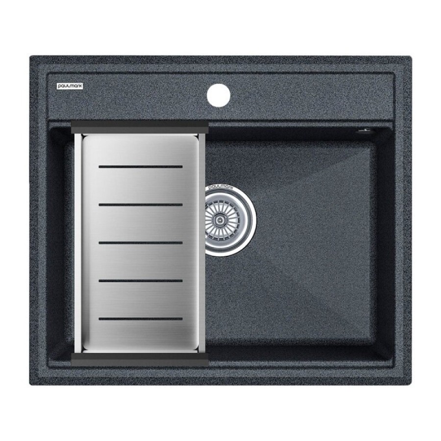 Мойка кухонная Paulmark Stepia PM115951-DG+A375-BS, 60 см, искусственный камень, с коландером Advance, графит/брашированная нержавеющая сталь