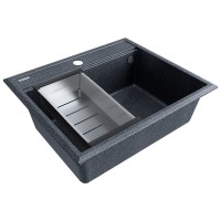 Мойка кухонная Paulmark Stepia PM115951-DG+A375-BS, 60 см, искусственный камень, с коландером Advance, графит/брашированная нержавеющая сталь