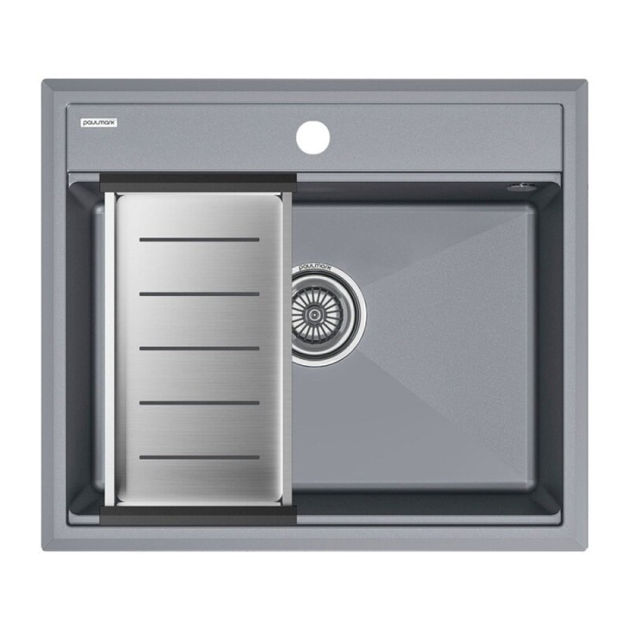 Мойка кухонная Paulmark Stepia PM115951-GRM+A375-BS, 60 см, искусственный камень, с коландером Advance, серый металлик/брашированная нержавеющая сталь