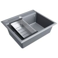 Мойка кухонная Paulmark Stepia PM115951-GRM+A375-BS, 60 см, искусственный камень, с коландером Advance, серый металлик/брашированная нержавеющая сталь