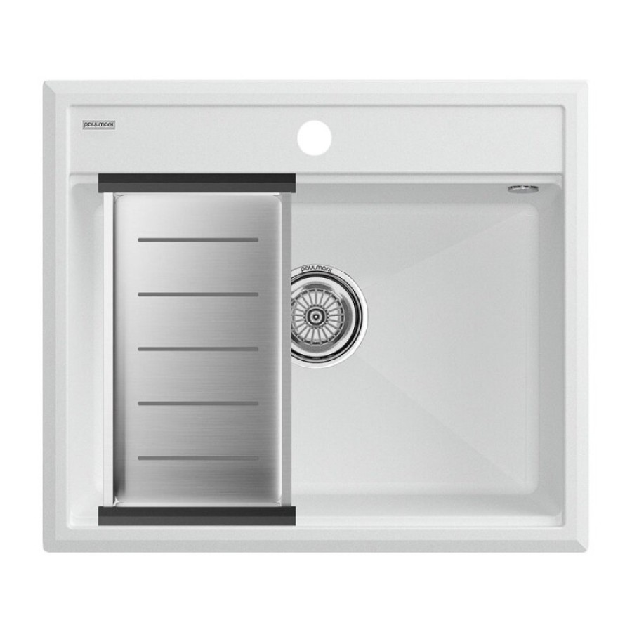 Мойка кухонная Paulmark Stepia PM115951-WH+A375-BS, 60 см, искусственный камень, с коландером Advance, белый/брашированная нержавеющая сталь