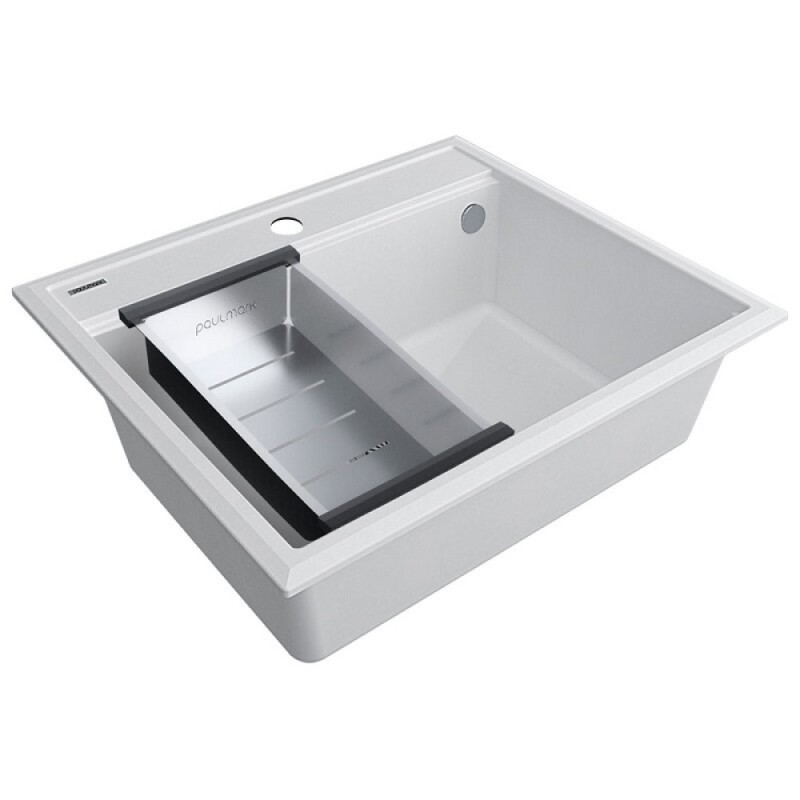 Мойка кухонная Paulmark Stepia PM115951-WH+A375-BS, 60 см, искусственный камень, с коландером Advance, белый/брашированная нержавеющая сталь