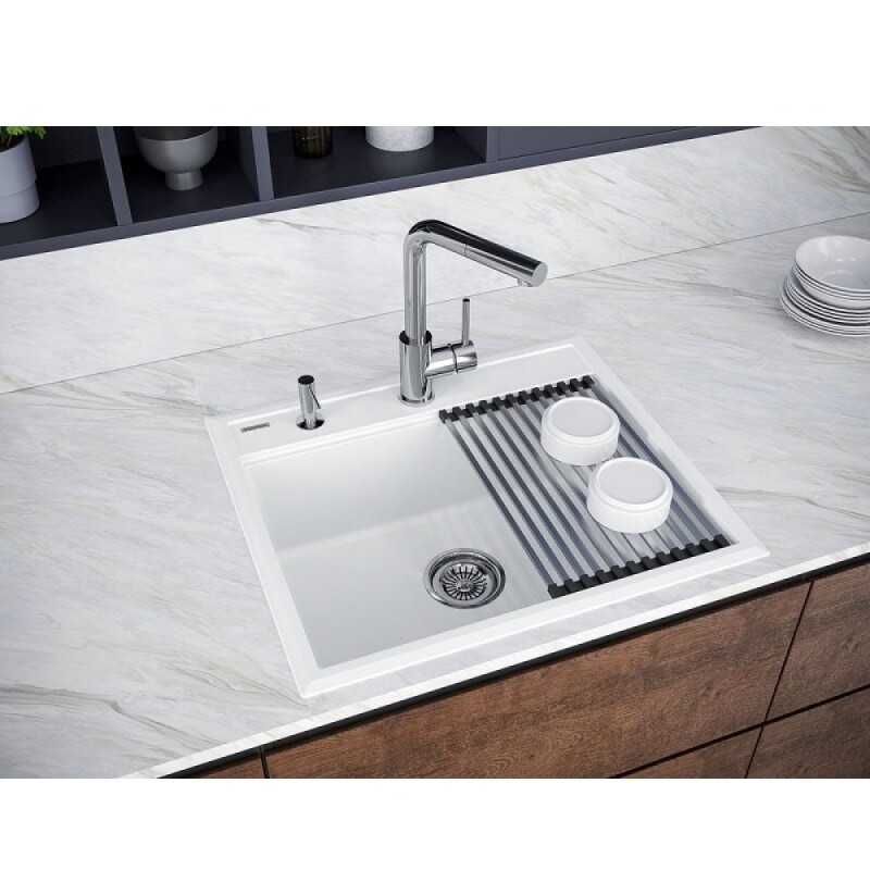 Мойка кухонная Paulmark Stepia 60 PM115951-WH+R375-BS, искусственный камень, с ролл-матом Step, белый