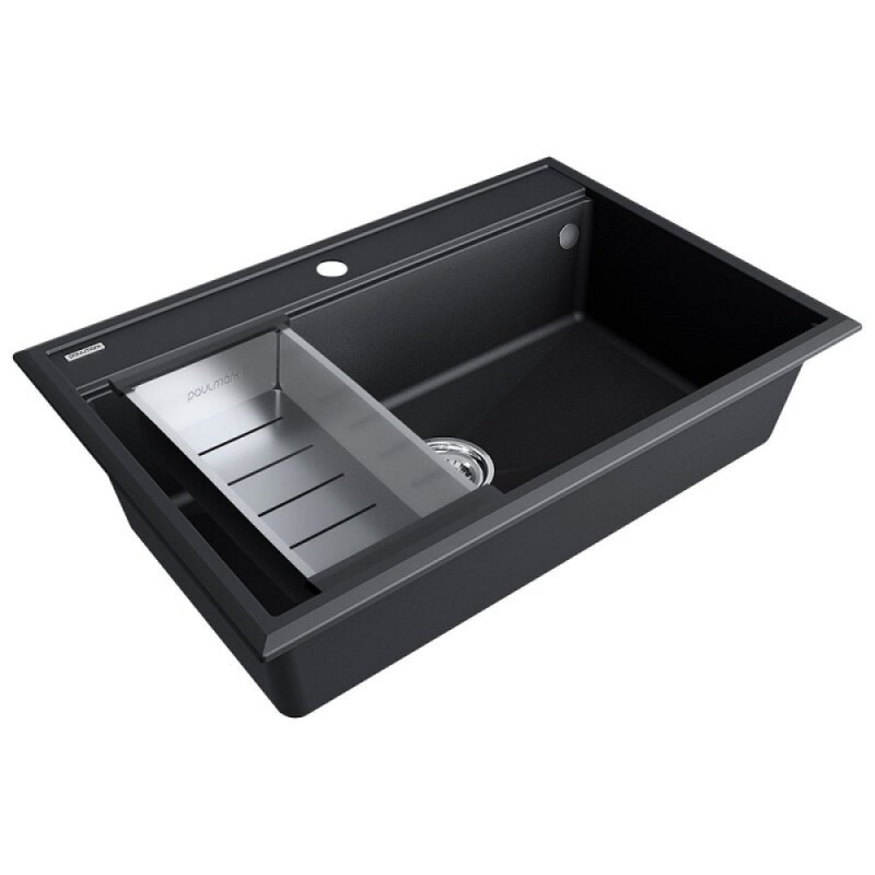 Мойка кухонная Paulmark Stepia PM117551-AN+A375-BS, 80 см, искусственный камень, с коландером Advance, антрацит/брашированная нержавеющая сталь