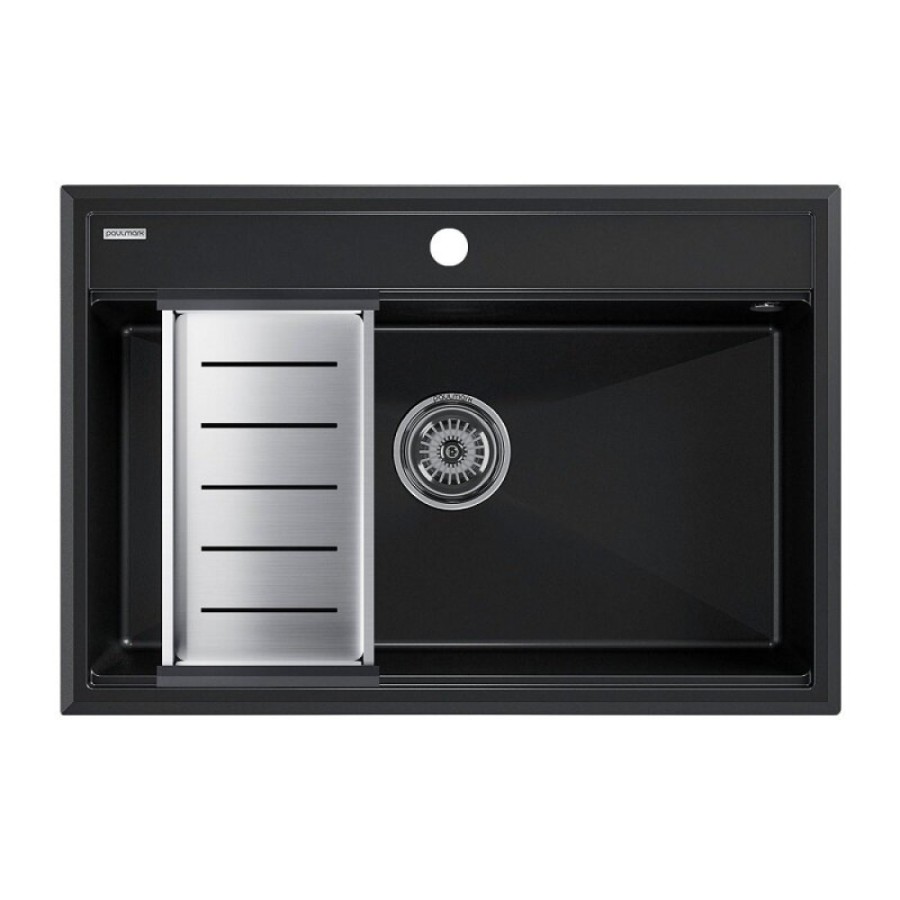 Мойка кухонная Paulmark Stepia PM117551-BLM+A375-BS, 80 см, искусственный камень, с коландером Advance, черный металлик/брашированная нержавеющая сталь