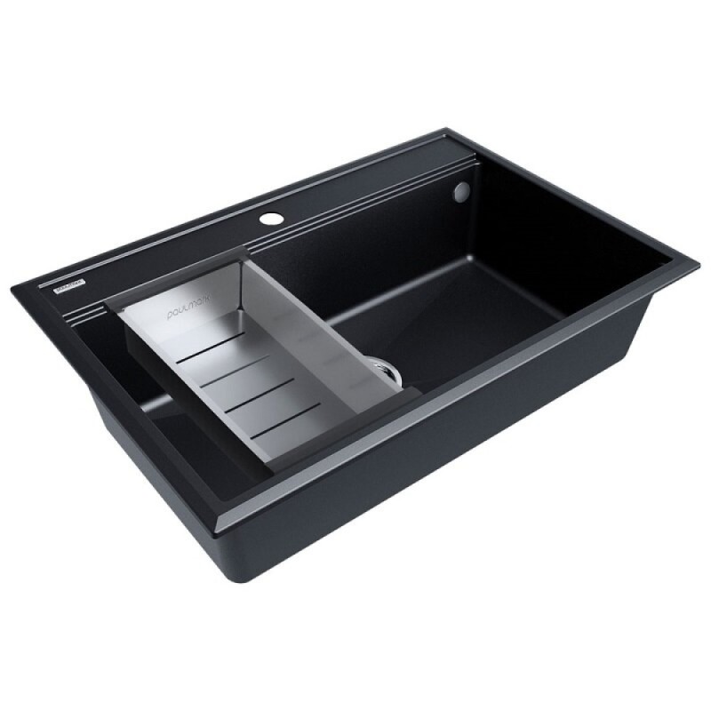 Мойка кухонная Paulmark Stepia PM117551-BLM+A375-BS, 80 см, искусственный камень, с коландером Advance, черный металлик/брашированная нержавеющая сталь