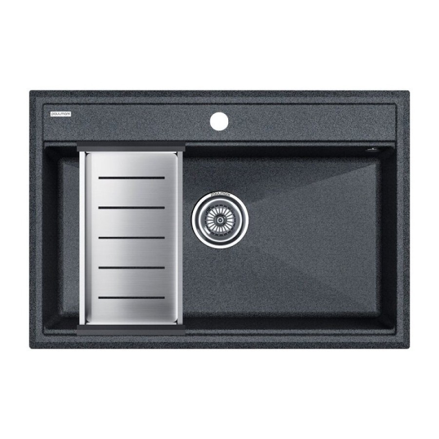 Мойка кухонная Paulmark Stepia PM117551-DG+A375-BS, 80 см, искусственный камень, с коландером Advance, графит/брашированная нержавеющая сталь