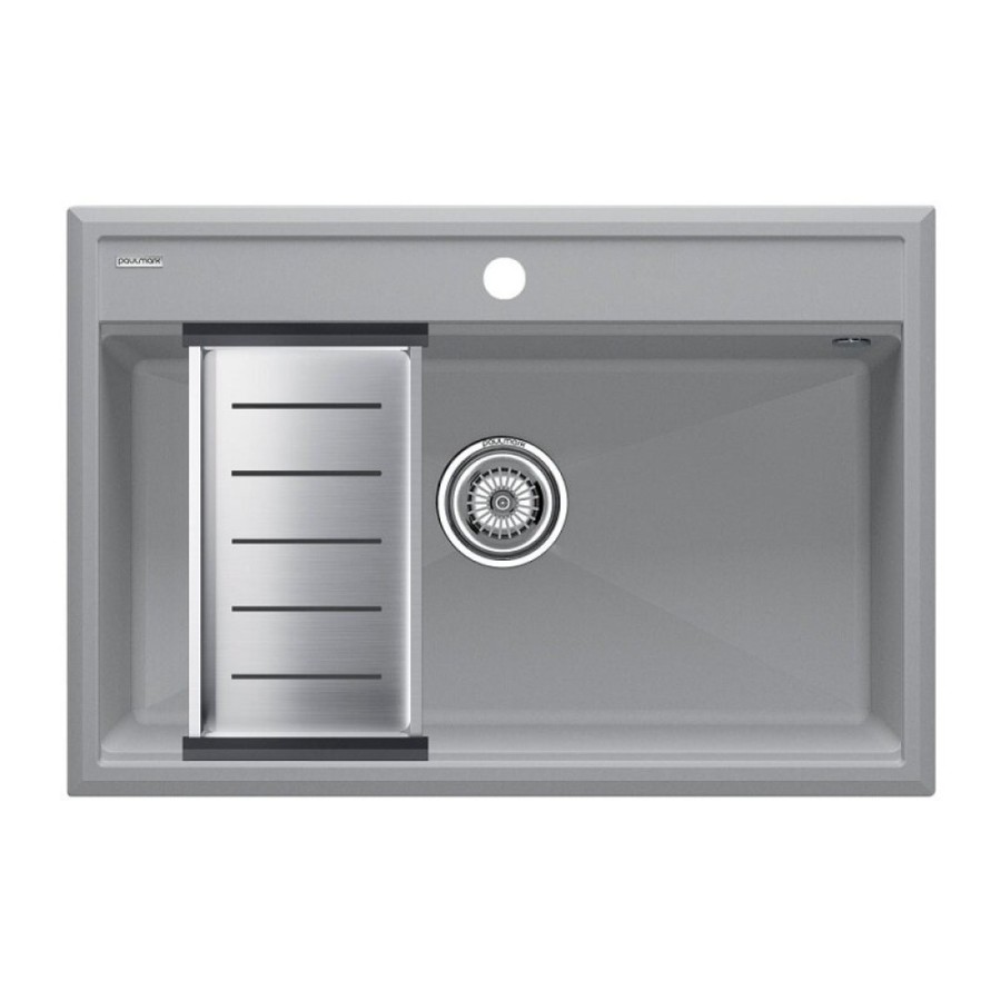 Мойка кухонная Paulmark Stepia PM117551-GRM+A375-BS, 80 см, искусственный камень, с коландером Advance, серый металлик/брашированная нержавеющая сталь