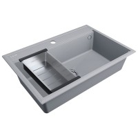 Мойка кухонная Paulmark Stepia PM117551-GRM+A375-BS, 80 см, искусственный камень, с коландером Advance, серый металлик/брашированная нержавеющая сталь