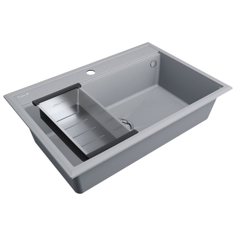 Мойка кухонная Paulmark Stepia PM117551-GRM+A375-BS, 80 см, искусственный камень, с коландером Advance, серый металлик/брашированная нержавеющая сталь