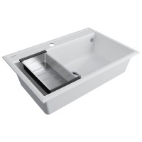 Мойка кухонная Paulmark Stepia PM117551-WH+A375-BS, 80 см, искусственный камень, с коландером Advance, белый/брашированная нержавеющая сталь
