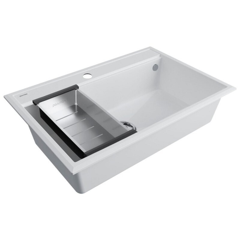 Мойка кухонная Paulmark Stepia PM117551-WH+A375-BS, 80 см, искусственный камень, с коландером Advance, белый/брашированная нержавеющая сталь