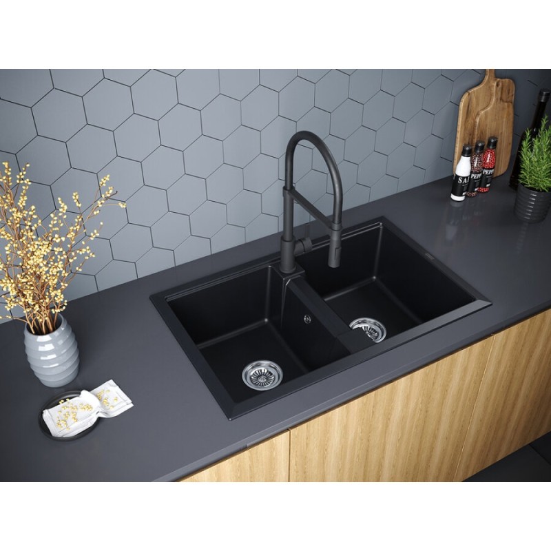 Мойка кухонная Paulmark Tandem PM238150-BLM, 81 см, кварцевая, черный металлик