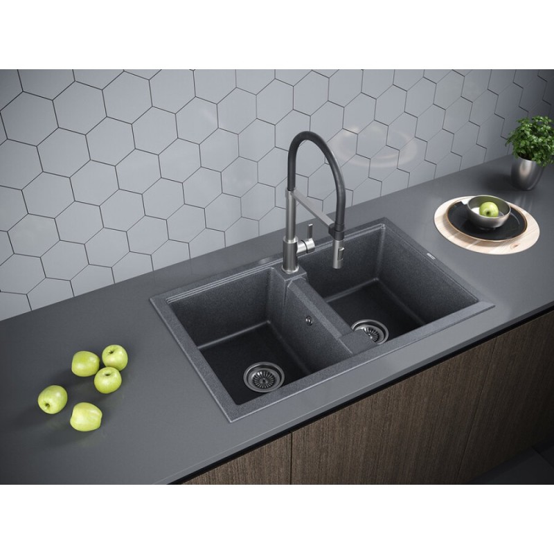 Мойка кухонная Paulmark Tandem PM238150-DG, 81 см, кварцевая, графит
