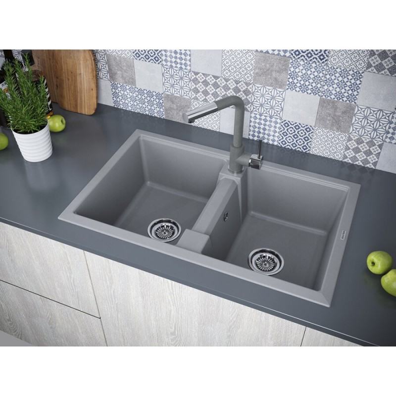 Мойка кухонная Paulmark Tandem PM238150-GRM, 81 см, кварцевая, серый металлик