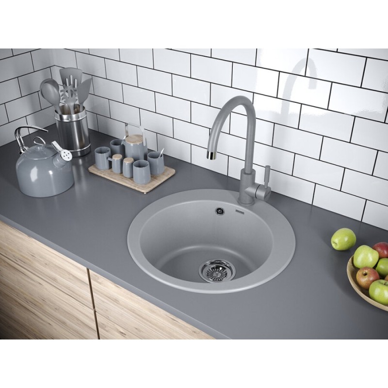 Мойка кухонная Paulmark Gelegen PM404800-GRM, 48 см, кварцевая, серый металлик