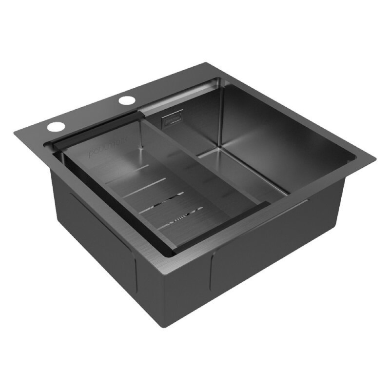 Мойка кухонная Paulmark Kroner-Pro PM705151-GM+A405-GM, 51 см, нержавеющая сталь, цвет вороненая сталь