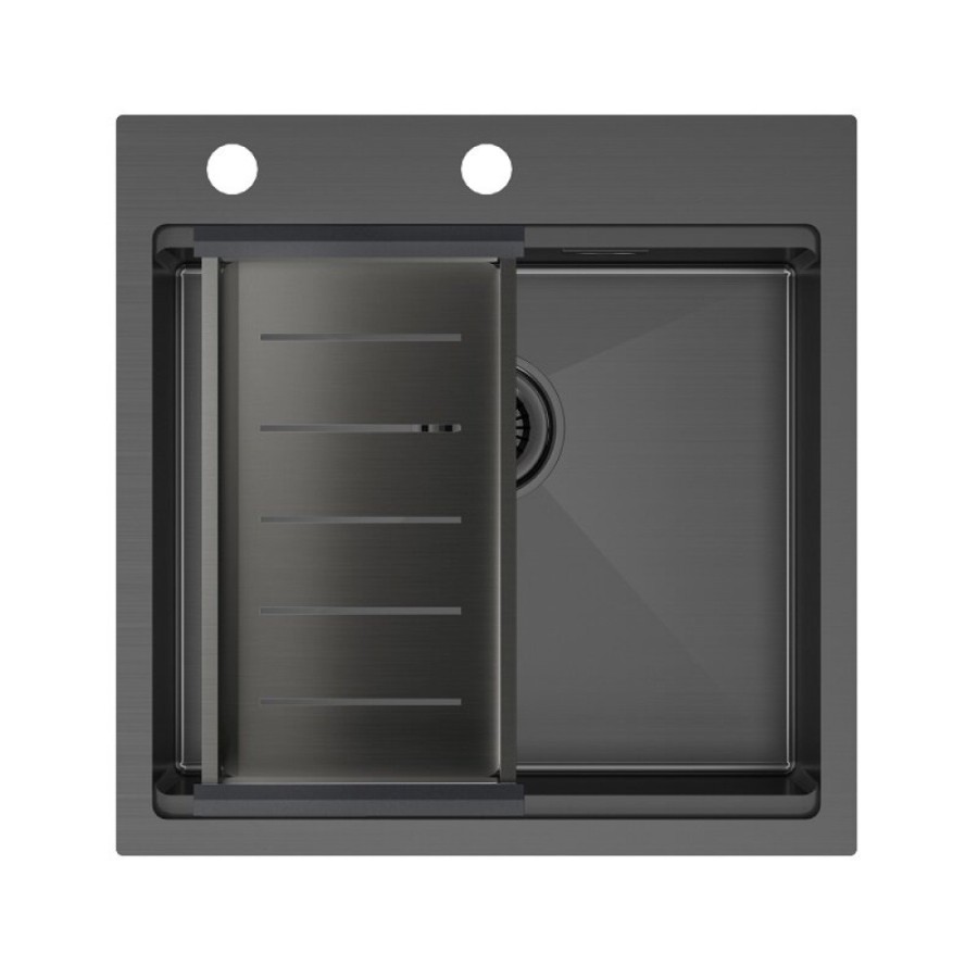 Мойка кухонная Paulmark Kroner-Pro PM705151-GM+A405-GM, 51 см, нержавеющая сталь, цвет вороненая сталь