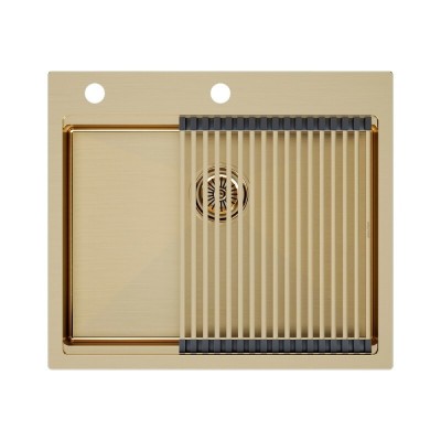 Мойка кухонная Paulmark Kroner PM705951-BG+R405-BG, 59 см, нержавеющая сталь, PVD покрытие, с ролл-матом Step, золото брашированное