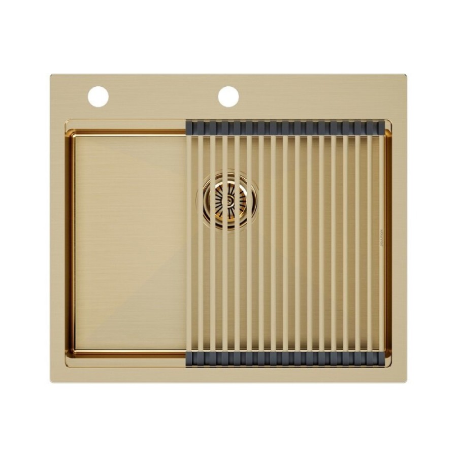 Мойка кухонная Paulmark Kroner PM705951-BG+R405-BG, 59 см, нержавеющая сталь, PVD покрытие, с ролл-матом Step, золото брашированное