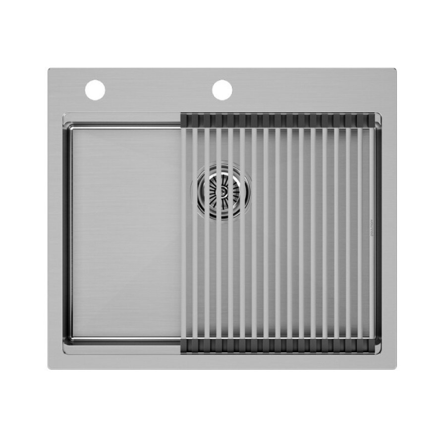 Мойка кухонная Paulmark Kroner PM705951-BS+R405-BS, 59 см, нержавеющая сталь, с ролл-матом Step, брашированная нержавеющая сталь